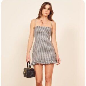 Reformation Kiernan Linen Navy and White Gingham Spaghetti Strap Dress Size 0